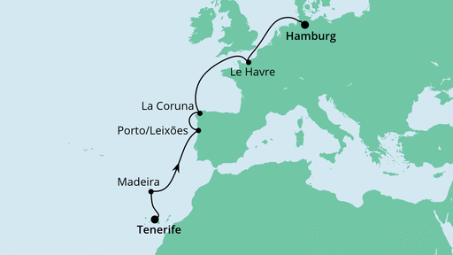 Route: Von Teneriffa nach Hamburg 2 mit AIDAperla